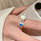 Adjustable Alloy Cuff Open Rings for Women, Cat Shape with Butterfly, with Enamel, Floral White, Inner Diameter: 15~20mm
