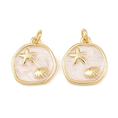 Ciondoli smaltato in ottone, ciondolo rotondo a forma di stella marina con conchiglia, con anello di salto, vero placcato oro 18k, 17x15.5x2.4mm, Foro: 3.4 mm