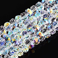 Placcare trasparente perle di vetro fili, rondelle, sfaccettato, ab colore placcato, chiaro ab, 7.5~8x4.5~5.5mm, Foro: 1.2~1.4 mm, circa 34~37pcs/filo, 7.09~7.28 pollice (18~18.5 cm)