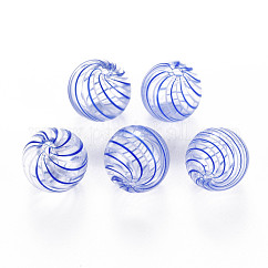 Cuentas de globo de vidrio soplado hechas a mano transparentes, patrón de la raya, redondo, azul, 13~14.5mm, agujero: 1~2 mm