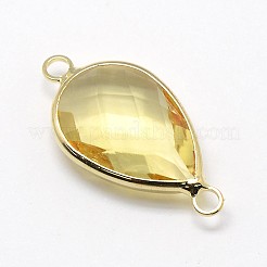 ゴールデントーン真鍮ガラスティアドロップリンクコネクター  淡黄色  21x11x5mm  穴：2mm&nbsp;GLAA-J010A-HF18-G