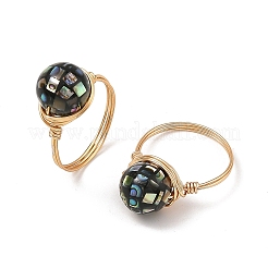 Anelli con filo di rame ecologico e perline di conchiglia di abalone naturale&nbsp;RJEW-JR01099