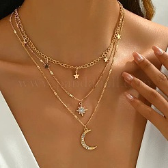Collana a 3 strato con ciondolo in lega di cristallo e strass a forma di stella di luna per donna&nbsp;FS-WG5D7AF-01