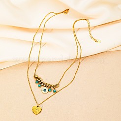 Collar doble de acero inoxidable 304 con colgante de corazón y ojo turco esmaltado&nbsp;WGD59F3-01