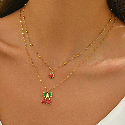 Двухслойные ожерелья с подвеской в виде вишни из нержавеющей стали 201 с красной эмалью для повседневных праздничных женских образов IT9845