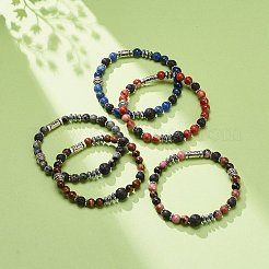 Эластичный браслет из натуральной лавы и смешанных драгоценных камней с колонной из бисера из сплава BJEW-JB08731