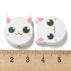 プリントウッドビーズ  猫の形  ホワイト  18~18.5x19.5~20x5.5~6.5mm  穴：2~2.5mm&nbsp;WOOD-G022-27F