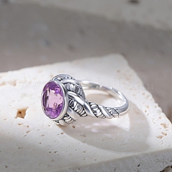 Регулируемое кольцо-манжета из натурального аметиста с одним открытым кольцом из стерлингового серебра&nbsp;RJEW-C155-05B