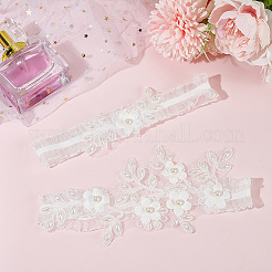 2 Stück elastische Brautstrumpfbänder aus Polyester-Spitze mit Blumenmuster&nbsp;AJEW-WH0007-30
