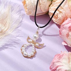 ガラスシードビーズとシェルパールの天使のペンダントネックレス  女性用イミテーションレザーコードネックレス  ペルー  17.32インチ（44cm）&nbsp;NJEW-MZ00051-03