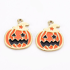 ラックメッキ環境に優しい合金エナメルペンダント  ハロウィンモチーフ  カドミウムフリー＆鉛フリー  ライトゴールド  カボチャのジャックランタン  ダークオレンジ  23x20x1.5mm  穴：1.8mm&nbsp;X-ENAM-N052-002-RS