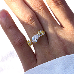 Регулируемое серебряное позолоченное кольцо с цирконием s925 для женщин с дизайном в виде капли воды TU7647