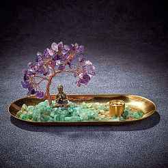 Natürlicher Amethyst mit grünen Aventurinsplittern mit Räuchergefäßhalter aus Messing&nbsp;DJEW-G027-19RG-01