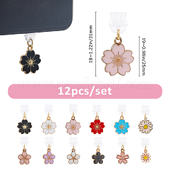 PVCモバイル防塵プラグ12個  合金エナメルとクリスタルラインストーンペンダント付き  花  ゴールドカラー  ミックスカラー  18~31mm&nbsp;HJEW-FH00238