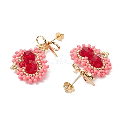 Boucles d'oreilles à tige en forme de cœur avec perles de verre faites à la main&nbsp;EJEW-MZ00291-01