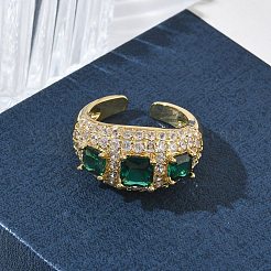 女性用真鍮マイクロパヴェキュービックジルコニアカフオープンリング  長持ちメッキ  ラックめっき  18KGP本金メッキ  グリーン  12.5mm  usサイズ8 1/2(18.5mm)&nbsp;RJEW-L343-13G-04