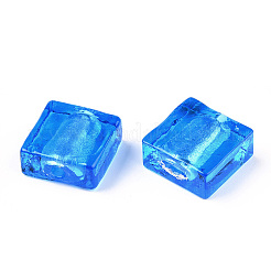 手作り銀箔ランプワークビーズ  正方形  ドジャーブルー  12x12x6mm&nbsp;FOIL-S006-12x12mm-08