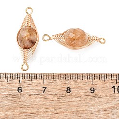 Ciondoli con connettori a maglie rotonde piatte sfaccettate in quarzo giallo naturale riscaldato con filo di rame a spina di pesce avvolto&nbsp;KK-Z152-09G-03