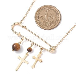 Женские ожерелья-цепочки из латунного кабеля с круглой подвеской из натурального тигрового глаза 201 из нержавеющей стали NJEW-TA00214