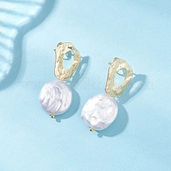 Плоские круглые серьги-гвоздики с натуральным жемчугом кеши EJEW-JE06685