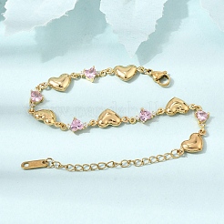 Bracciali a catena a maglie a cuore in acciaio inossidabile 304 con pavé di zirconi rosa.&nbsp;SA-CBAF6AD-11G