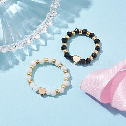Glas-Stretchringe mit vergoldeten Herz-Messingperlen&nbsp;RJEW-JR00660-01