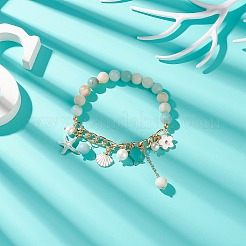 Pulsera elástica con perlas de concha y amazonita de flores naturales&nbsp;BJEW-TA00196