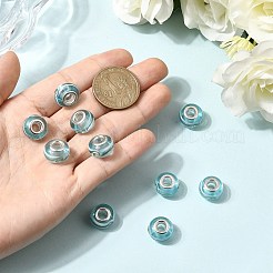 手作りの金の砂のランプワークの欧州大きな穴ビーズrondelle  シルバーカラーメッキ真鍮コア付き  ライトスカイブルー  14x9~10mm  穴：5mm&nbsp;LPDL-R007-07B