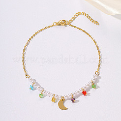 Женские браслеты на ногу с подвеской в виде луны из нержавеющей стали 201 и искусственного жемчуга FL7055