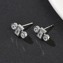 Серьги-гвоздики с квадратом и круглыми плоскими латунными кристаллами с микропаве из прозрачного кубического циркония EJEW-G452-12P