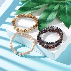 男性女性向けのストレス解消レイキストレッチブレスレット  ナチュラルピクチャージャスパー＆非磁性合成ヘマタイト＆ナチュラルウッド＆ナチュラル化石ビーズブレスレット  内径：2~2-1/8インチ（5.2~5.5cm）  4個/セット&nbsp;BJEW-JB06895