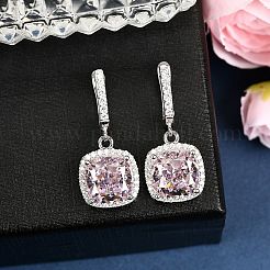 スターリングシルバーのパヴェキュービックジルコニアスクエアフープピアス925個  プラチナメッキ  ピンク  30x13.5mm&nbsp;EJEW-C150-01A-02