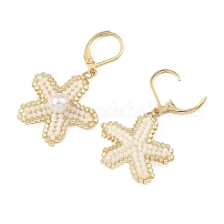 真鍮製シードガラスビーズのフレンチフックピアス  花  丸い貝パールビーズのダングルイヤリング  ライトゴールド  ホワイト  40x23mm&nbsp;EJEW-MZ00759-01