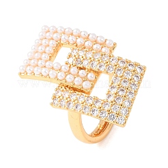 Регулируемые латунные кольца-манжеты с микропаве из прозрачных кубических цирконий и жемчугом из АБС-пластика.&nbsp;RJEW-G368-02G