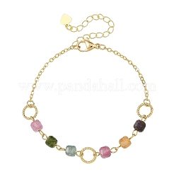 Bracelets en laiton avec tourmaline naturelle multicolore à facettes cubiques et perles pour femmes&nbsp;BJEW-JB14334-01