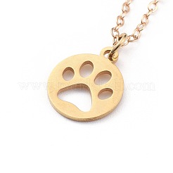304ステンレススチールペンダントネックレス  真鍮製アズキチェーンとロブスタープロングクラスプ付き  犬の足のプリントとフラットラウンド  ゴールドカラー  17.52インチ（44.5cm）&nbsp;NJEW-JN02540-04
