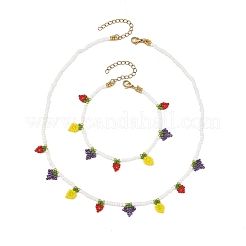 Conjuntos de collares y pulseras con dijes de frutas: fresa&nbsp;SJEW-MZ00015