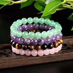4 pièces 4 style rond perles de pierres précieuses mélangées naturelles bracelets extensibles pour femme fille&nbsp;BJEW-LS0001-04
