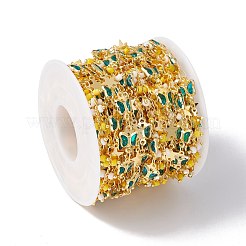 手作りの環境に優しい真鍮製バタフライ & スター リンク チェーン  ガラスとシードビーズ付き  18KGP本金メッキ  鉛フリー＆カドミウムフリー  ハンダ付け  スプールで  ダークターコイズ  8.5x6.5x0.3mm  6x7x2mm  11x7x2mm&nbsp;CHC-E025-05G