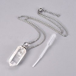 Natural Quartz Crystal Openable Perfume Bottle Pendant Necklaces, with Stainless Steel Cable Chain and Plastic Dropper, Bullet, Platinum, 19.21 inch(50.6cm), Bottle Capacity: 0.15~0.3ml(0.005~0.01 fl. oz), 2mm