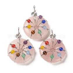 Pendentifs de quartz rose naturel, avec les accessoires en laiton de platine, disque beignet/pi avec breloques perlés, 41~42x31x11.5~12.5mm, Trou: 5~5.5x3mm