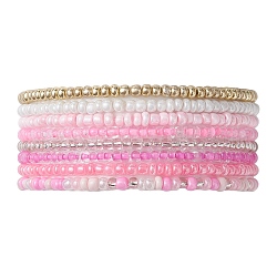 8шт 8 цветных стеклянных бисера стрейч браслеты набор для женщин, розовые, внутренний диаметр: 2-1/8 дюйм (5.5 см)
