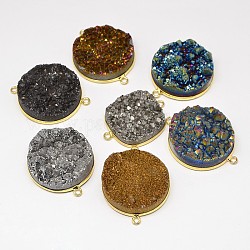 Flat Round Electroplate Rough Raw Gemstone Natural Druzy Crystal Links connectors, with Golden Brass Findings, Mixed Color, 39x31x6~12mm, Hole: 2mm