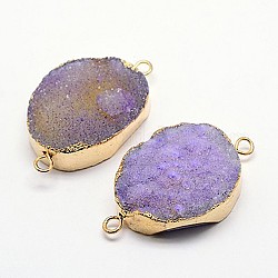 Natural Geode Agate Links, Druzy Agate, with Brass Findings, Oval, Golden Metal Color, Lilac, 29~48x17~32x10~14mm, Hole: 1.5~2.5mm