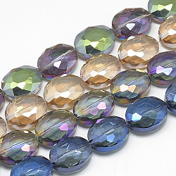 Abalorios de vidrio electroplate hebras, arco iris chapado, facetados, oval, color mezclado, 16x12x7~8mm, agujero: 1 mm, alrededor de 50 piezas / 32.6 pulgadas