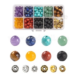 285pcs 14 perles de pierres précieuses rondes à facettes naturelles mixtes, avec des perles d'espacement en alliage et en laiton, chakra, rondelle & bicone & fleur, 8mm, Trou: 1mm