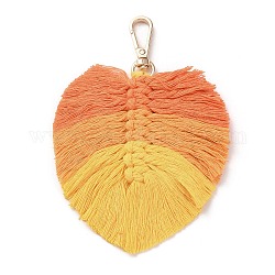 Décorations de pendentif de feuille de fil de coton macramé tressé à la main, avec fermoir en laiton, orange, 13.5 cm