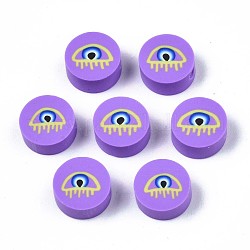 Abalorios de arcilla polimérica hechos a mano, plano y redondo con mal de ojo, Violeta Azul, 9.5~10x4.5mm, agujero: 1.6 mm