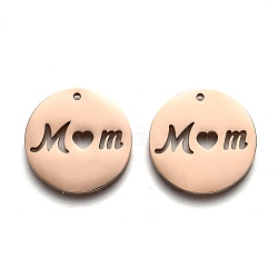 Placage ionique (ip) fête des mères 304 pendentifs en acier inoxydable, plat rond avec maman mot creux, or rose, 20x1.3mm, Trou: 2mm