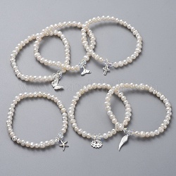 Bracelets extensibles en perles d'eau douce naturelles, avec 925 breloques en argent sterling, perles de cristal autrichiennes et boîtes en carton, blanc, 2 pouce (5.2 cm)